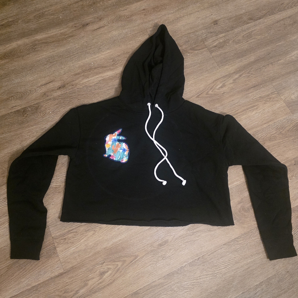 Black Cropped  Cactus Bunny Hoodie